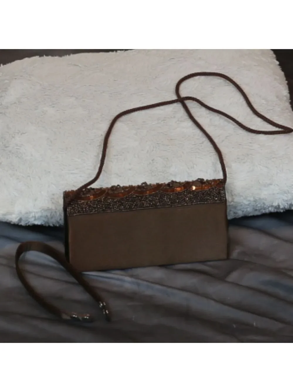 NWOT Bijou Terner brown satin, sequin, bead clutch